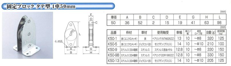 ひめじや 固定ブロック ヨコ型 1車50mm ステンレス K50-10B - 3