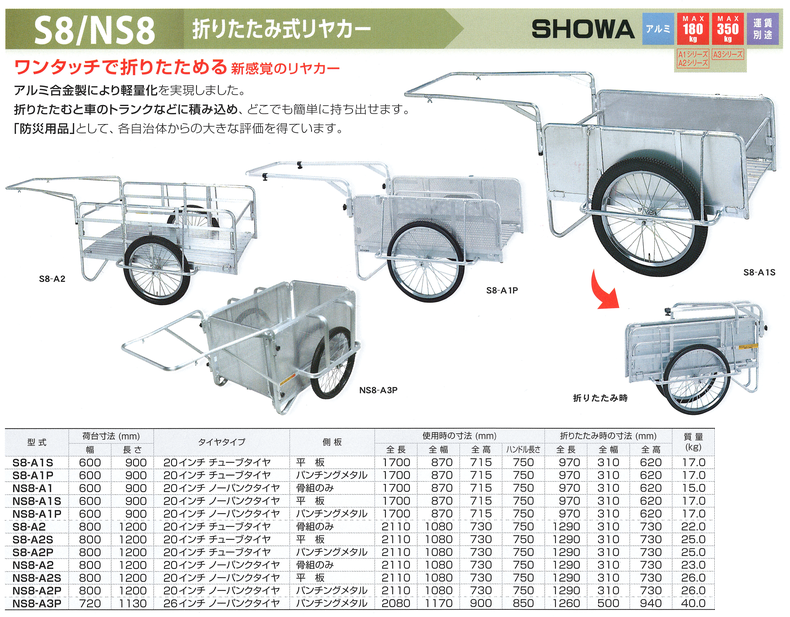折りたたみ式アルミ リヤカー NS8-A2S 昭和ブリッジ - 3