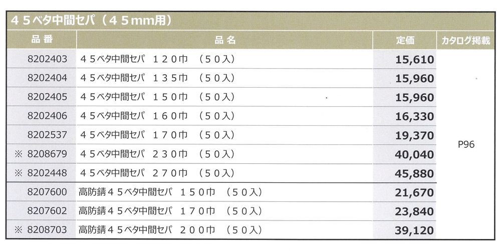 ４０．５０ベタ中間セパ ４５ベタ中間セパ ５０ベタ中間セパ 吉川商工