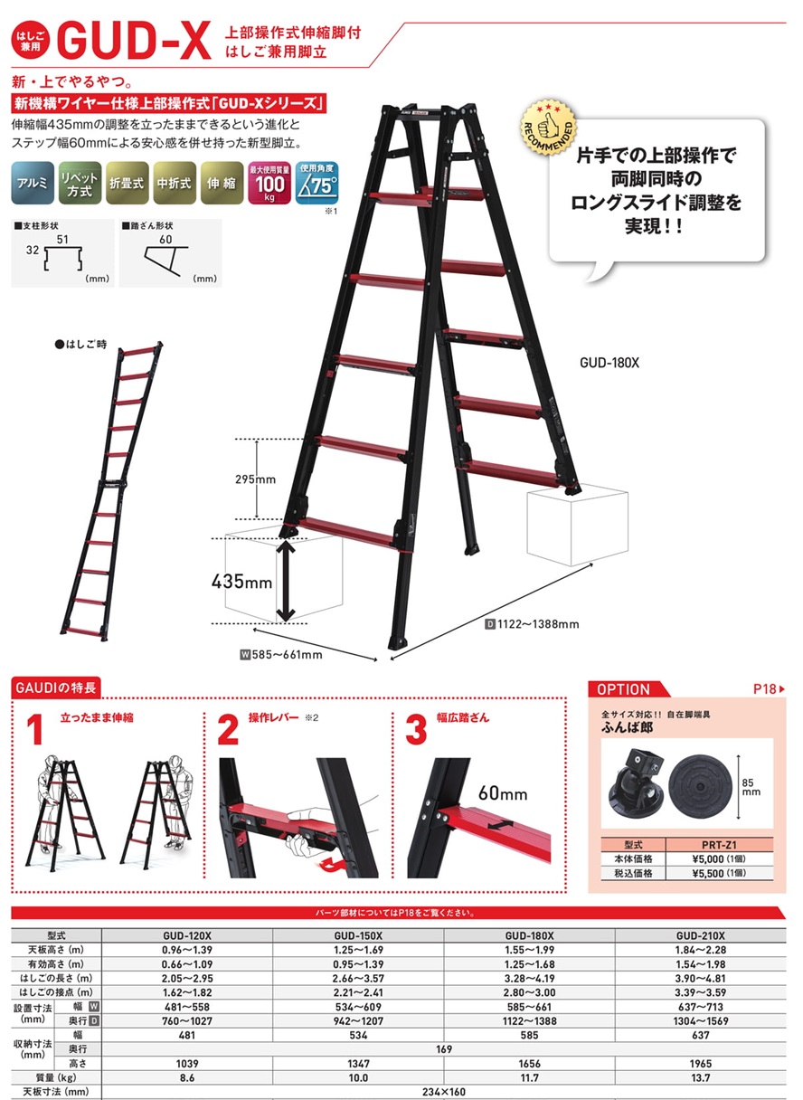 GUD-X上部操作式伸縮脚付はしご兼用脚立
