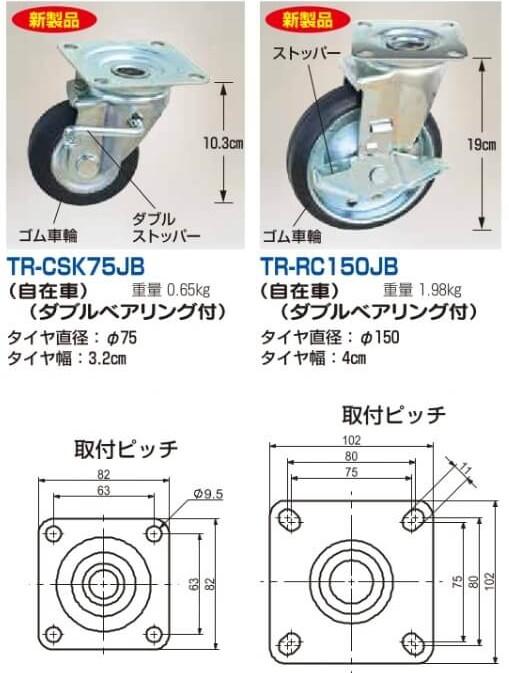 TR-CSK75JBダブルベアリング付タイヤセットキャスターシリーズ
