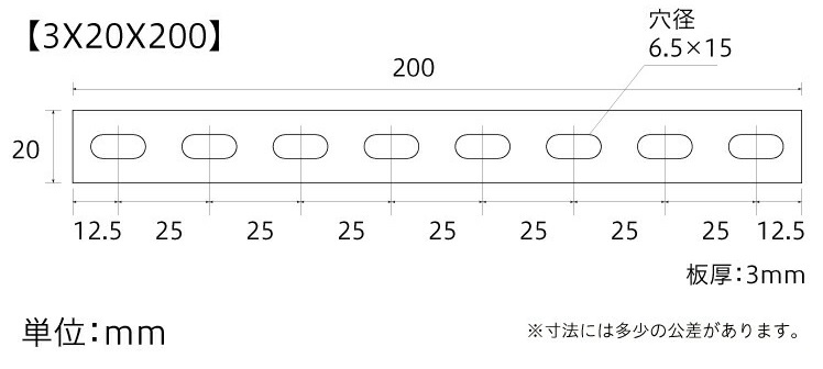 補助金具アルミプレート（ボルト穴）3×20×200サイズ表