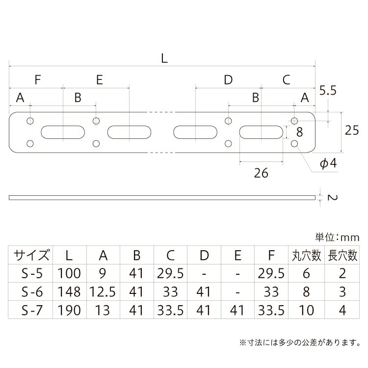 ステンレスステー平型寸法図、s-5､s-6､s-7