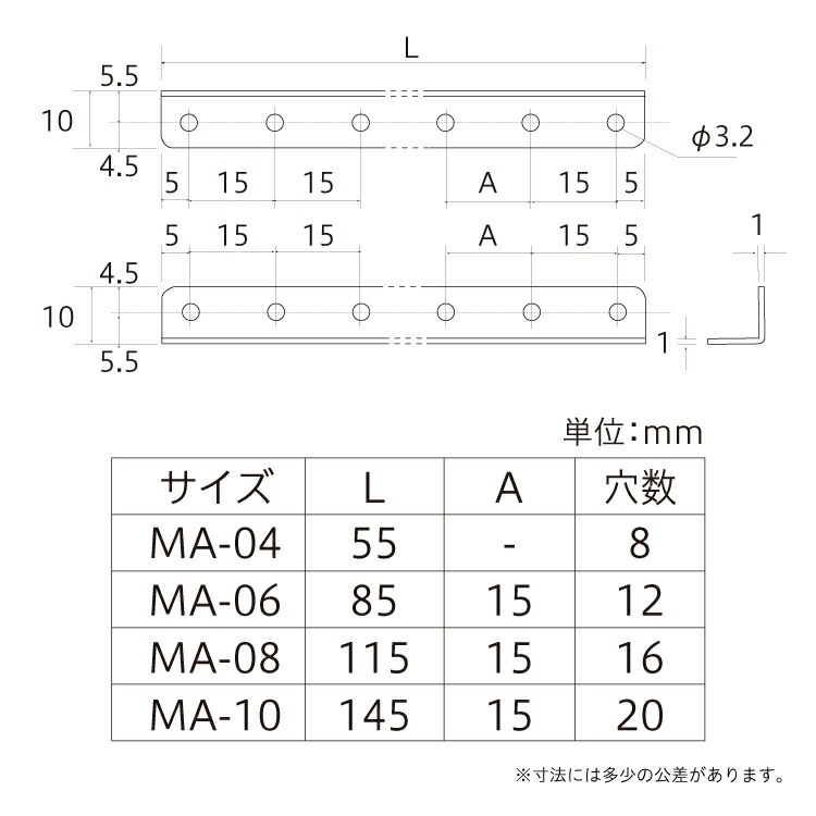 ミニアングル黒サイズ表