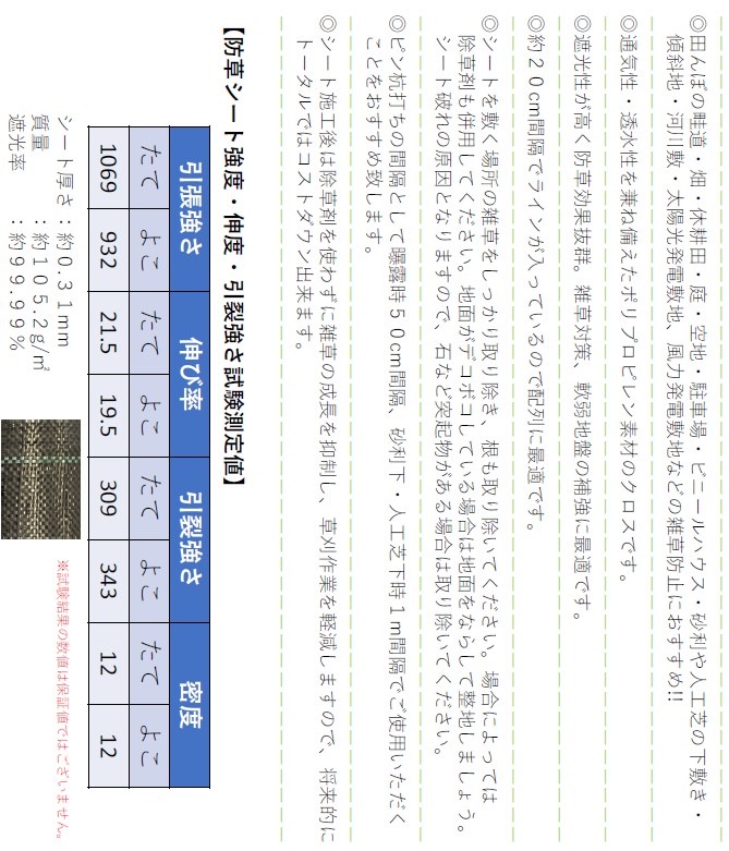 防草シート試験測定値