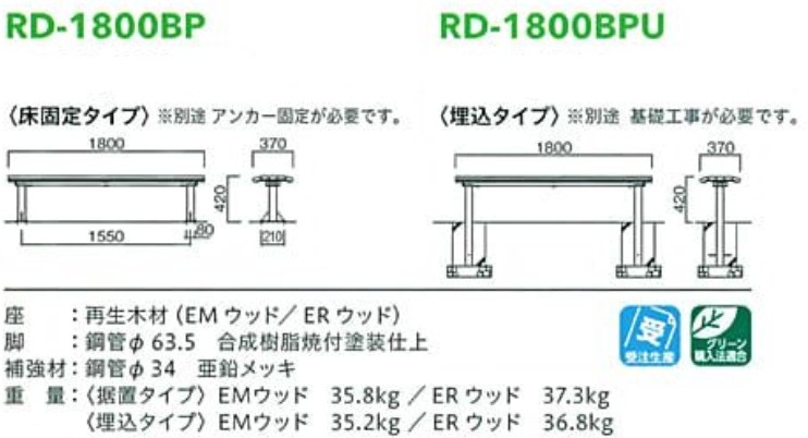 再生木材ベンチrd-18シリーズ【RD-1800BP,RD-1800BPU】サイズ表