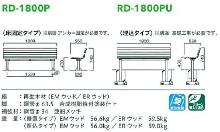 再生木材ベンチrd-18シリーズ【RD-1800P,RD-1800PU】サイズ表