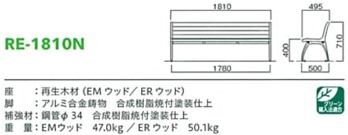 再生木材ベンチre-18シリーズ【RE-1810N】サイズ表